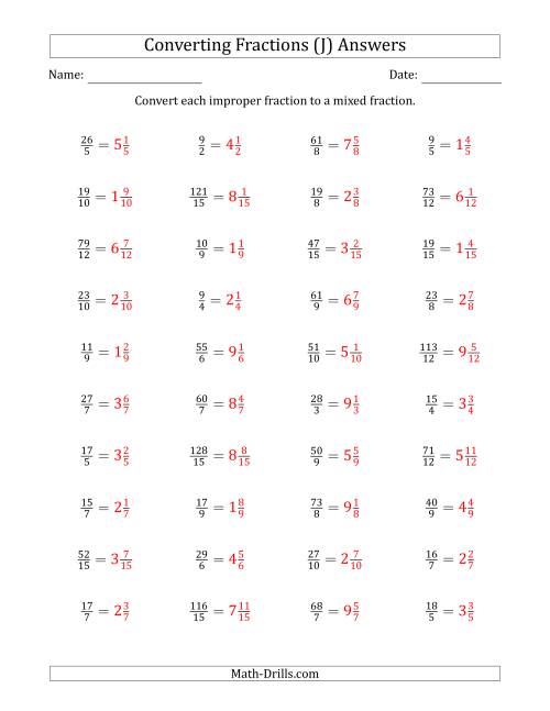 The Converting Improper Fractions to Mixed Fractions (J) Math Worksheet Page 2