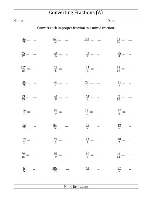 The Converting Improper Fractions to Mixed Fractions (All) Math Worksheet
