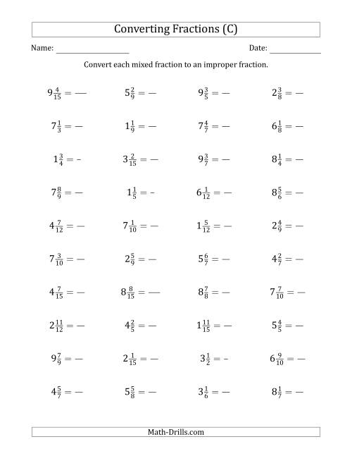 The Converting Mixed Fractions to Improper Fractions (C) Math Worksheet