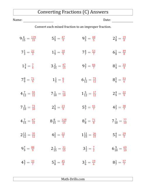 The Converting Mixed Fractions to Improper Fractions (C) Math Worksheet Page 2