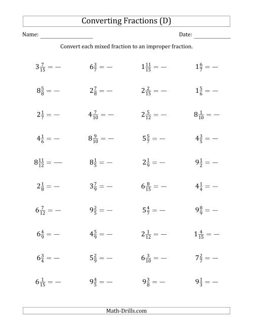 The Converting Mixed Fractions to Improper Fractions (D) Math Worksheet