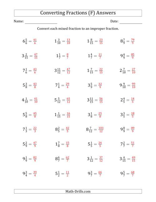 The Converting Mixed Fractions to Improper Fractions (F) Math Worksheet Page 2