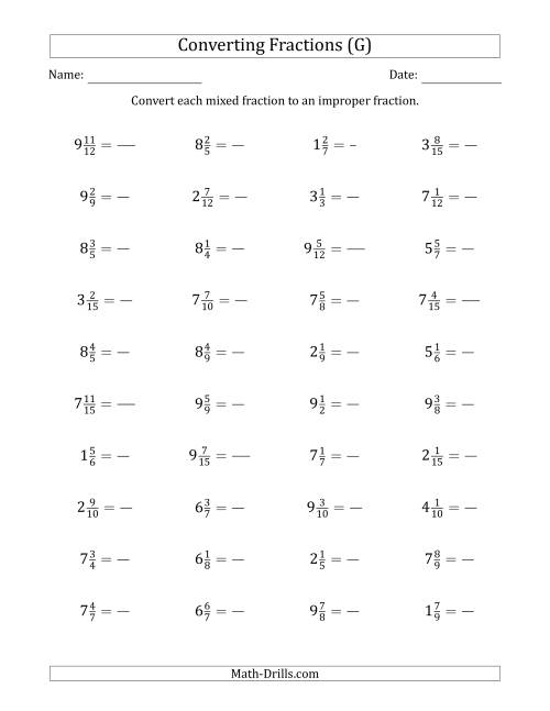 The Converting Mixed Fractions to Improper Fractions (G) Math Worksheet