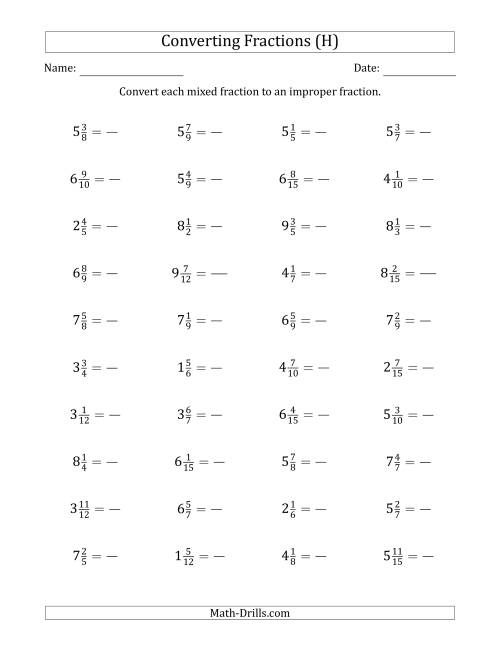 The Converting Mixed Fractions to Improper Fractions (H) Math Worksheet
