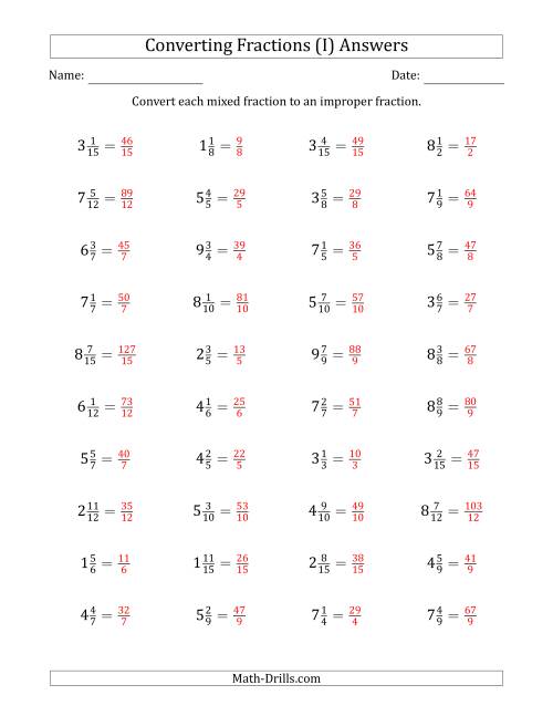 The Converting Mixed Fractions to Improper Fractions (I) Math Worksheet Page 2