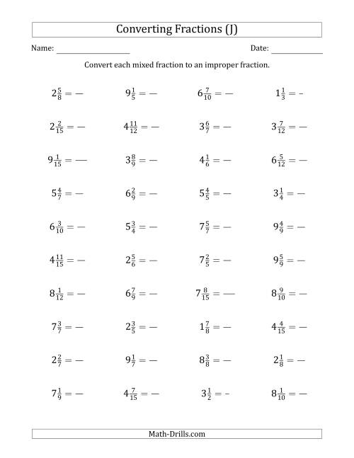 The Converting Mixed Fractions to Improper Fractions (J) Math Worksheet
