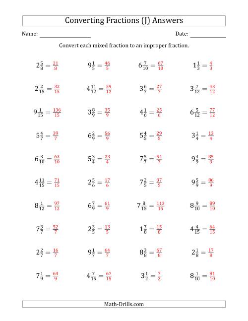The Converting Mixed Fractions to Improper Fractions (J) Math Worksheet Page 2