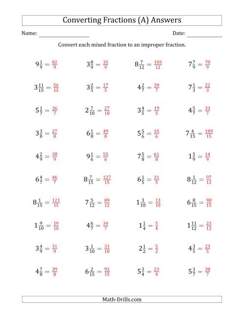 The Converting Mixed Fractions to Improper Fractions (All) Math Worksheet Page 2