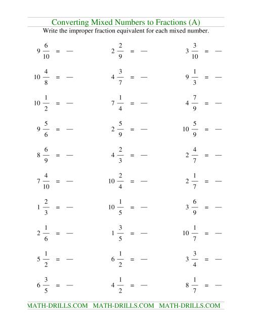 The Converting Mixed Fractions to Improper Fractions (Old) Math Worksheet