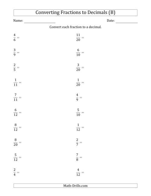 The Converting Fractions to Terminating and Repeating Decimals (B) Math Worksheet