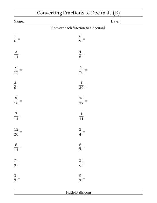 The Converting Fractions to Terminating and Repeating Decimals (E) Math Worksheet