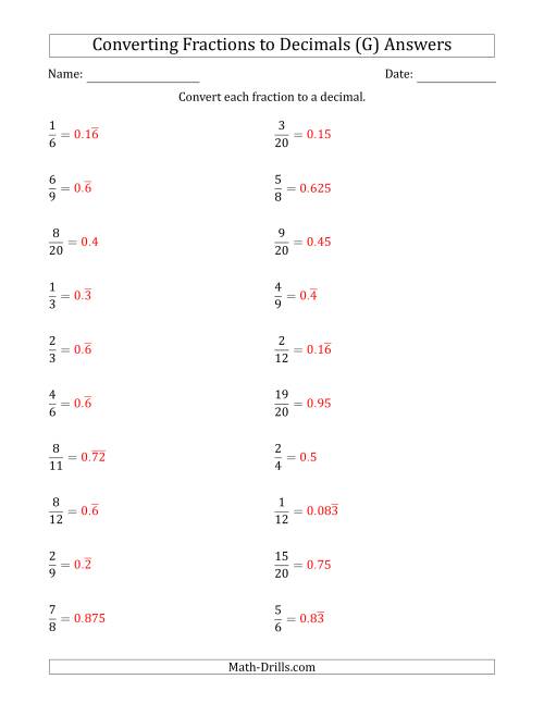 The Converting Fractions to Terminating and Repeating Decimals (G) Math Worksheet Page 2