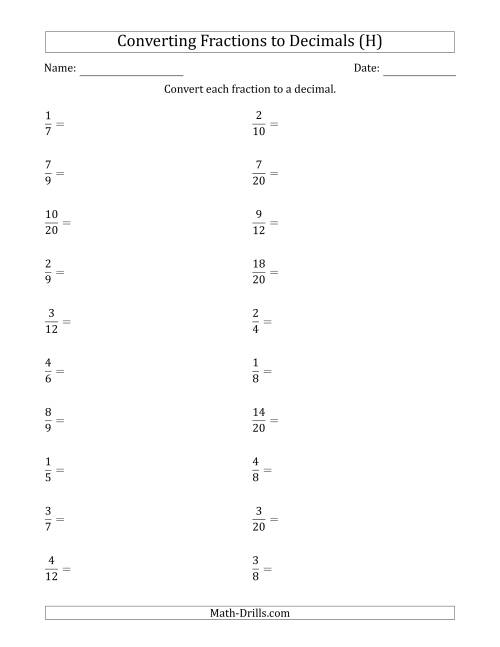 The Converting Fractions to Terminating and Repeating Decimals (H) Math Worksheet