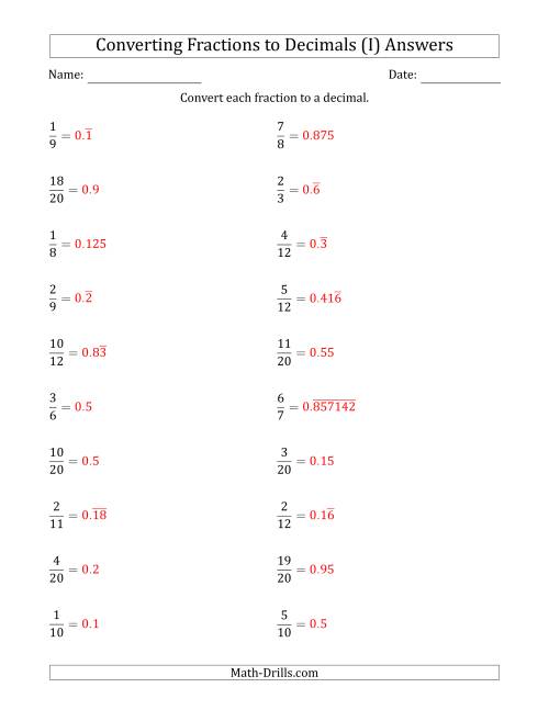 The Converting Fractions to Terminating and Repeating Decimals (I) Math Worksheet Page 2