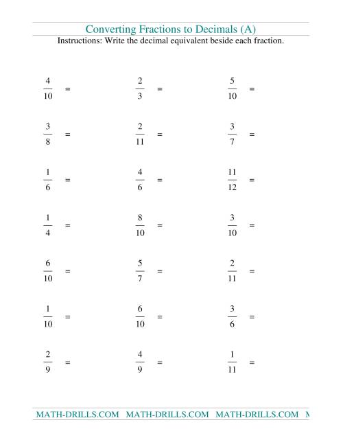 The Converting Fractions to Decimals (Old) Math Worksheet