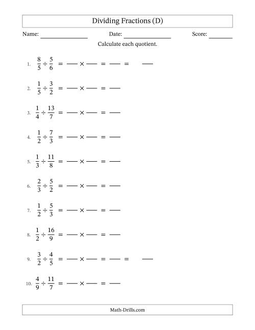 The Dividing Proper and Improper Fractions with No Simplification (Fillable) (D) Math Worksheet