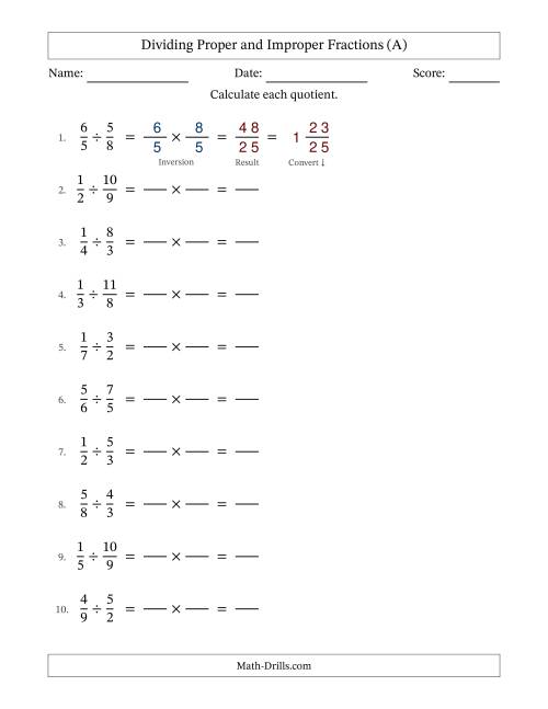 The Dividing Proper and Improper Fractions with No Simplifying (Fillable) (All) Math Worksheet