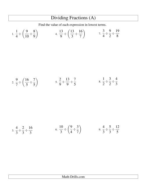 The Dividing and Simplifying Proper and Improper Fractions with Three Terms (A) Math Worksheet