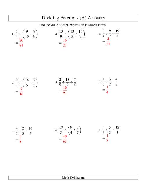 The Dividing and Simplifying Proper and Improper Fractions with Three Terms (A) Math Worksheet Page 2