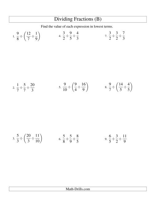 The Dividing and Simplifying Proper and Improper Fractions with Three Terms (B) Math Worksheet