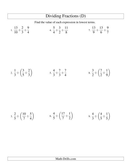 The Dividing and Simplifying Proper and Improper Fractions with Three Terms (D) Math Worksheet