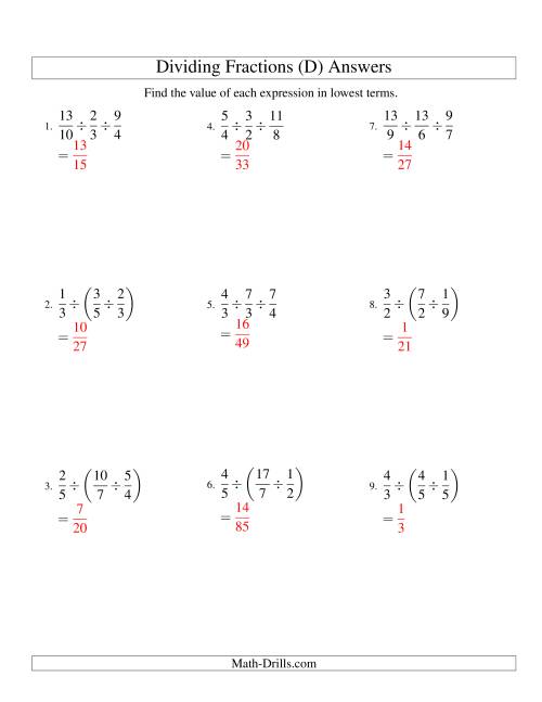 The Dividing and Simplifying Proper and Improper Fractions with Three Terms (D) Math Worksheet Page 2