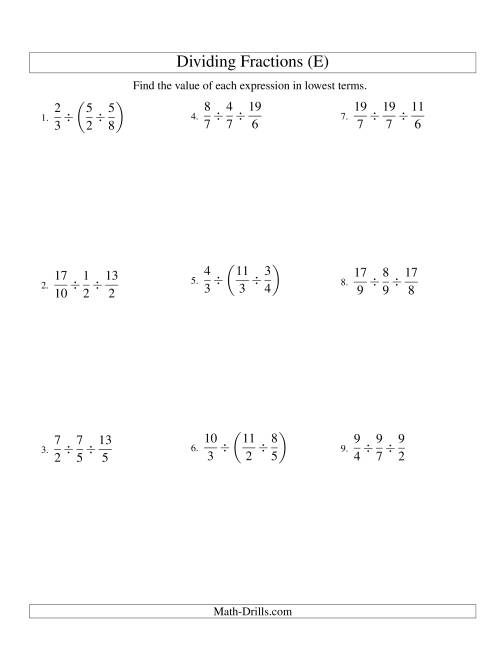 The Dividing and Simplifying Proper and Improper Fractions with Three Terms (E) Math Worksheet