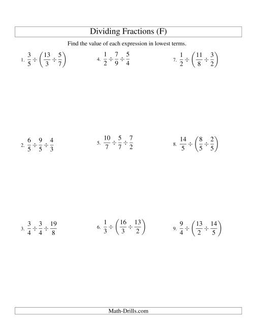 The Dividing and Simplifying Proper and Improper Fractions with Three Terms (F) Math Worksheet
