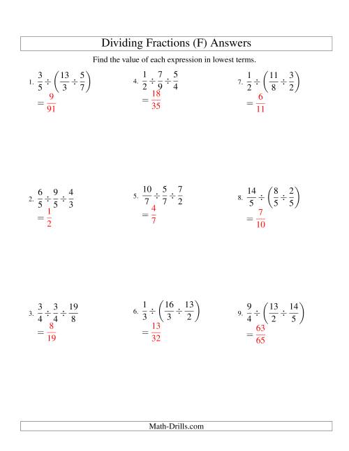 The Dividing and Simplifying Proper and Improper Fractions with Three Terms (F) Math Worksheet Page 2