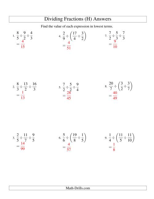 The Dividing and Simplifying Proper and Improper Fractions with Three Terms (H) Math Worksheet Page 2