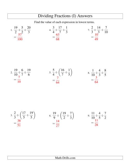 The Dividing and Simplifying Proper and Improper Fractions with Three Terms (I) Math Worksheet Page 2