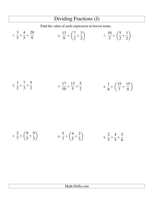 The Dividing and Simplifying Proper and Improper Fractions with Three Terms (J) Math Worksheet