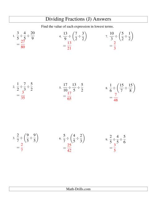 The Dividing and Simplifying Proper and Improper Fractions with Three Terms (J) Math Worksheet Page 2