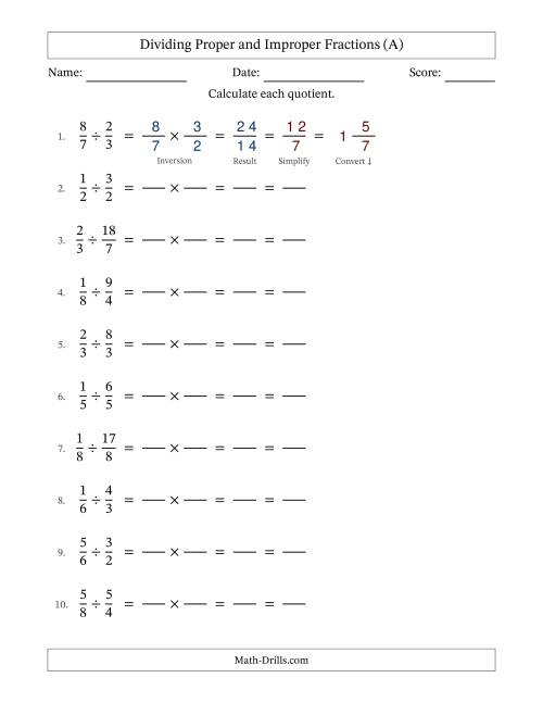 The Dividing Proper and Improper Fractions with All Simplifying (Fillable) (All) Math Worksheet