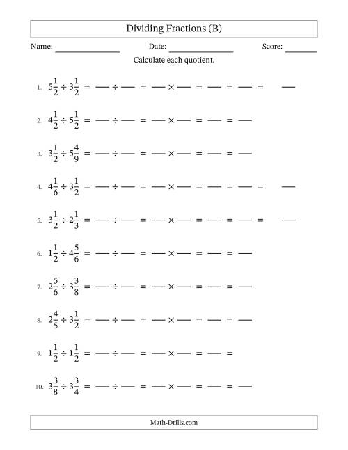 The Dividing Two Mixed Fractions with All Simplification (Fillable) (B) Math Worksheet