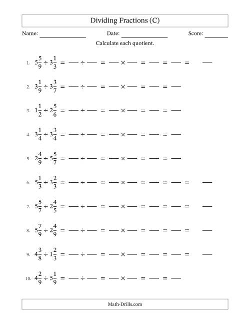 The Dividing and Simplifying Mixed Fractions (C) Math Worksheet