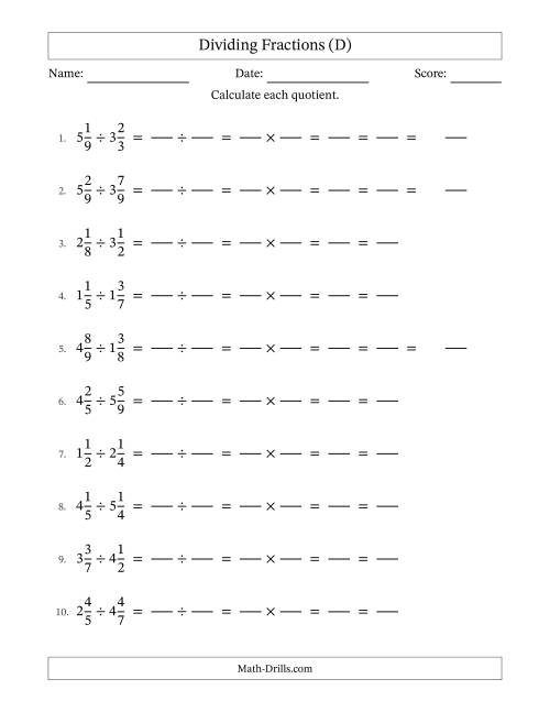 The Dividing and Simplifying Mixed Fractions (D) Math Worksheet