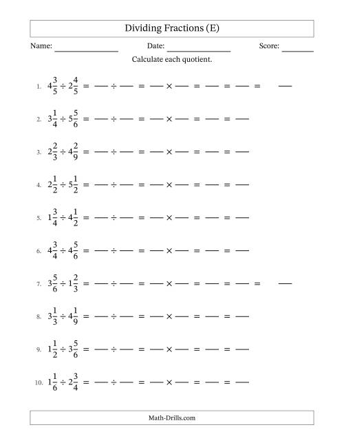 The Dividing Two Mixed Fractions with All Simplification (Fillable) (E) Math Worksheet