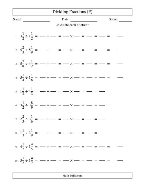 The Dividing Two Mixed Fractions with All Simplification (Fillable) (F) Math Worksheet