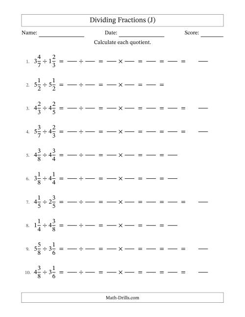 The Dividing and Simplifying Mixed Fractions (J) Math Worksheet