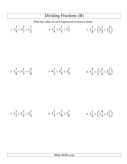 The Dividing and Simplifying Mixed Fractions with Three Terms (B) Math Worksheet