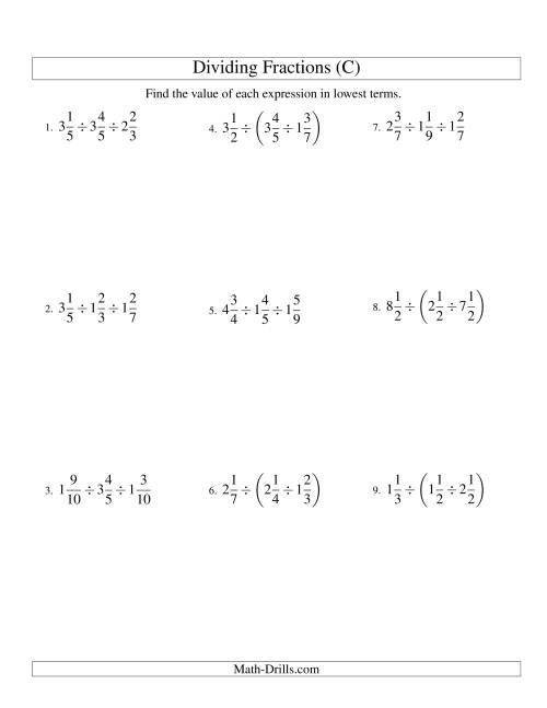 The Dividing and Simplifying Mixed Fractions with Three Terms (C) Math Worksheet