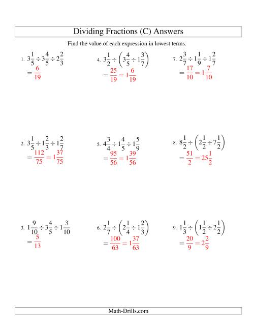 The Dividing and Simplifying Mixed Fractions with Three Terms (C) Math Worksheet Page 2