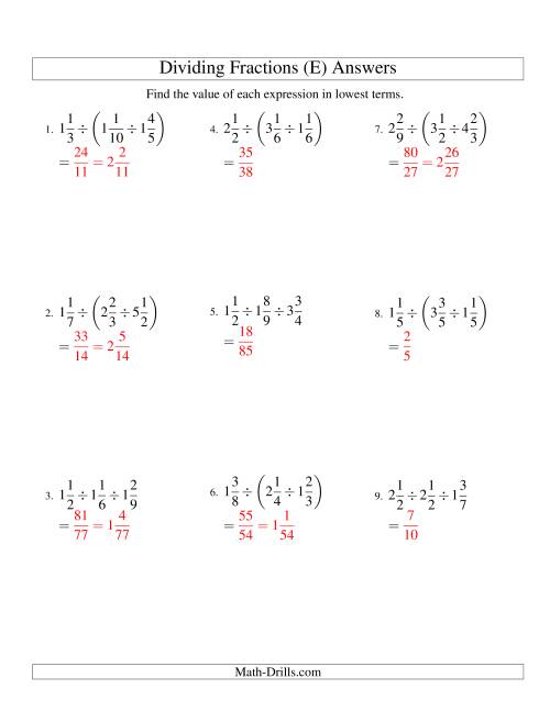 The Dividing and Simplifying Mixed Fractions with Three Terms (E) Math Worksheet Page 2