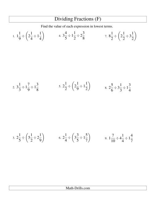 The Dividing and Simplifying Mixed Fractions with Three Terms (F) Math Worksheet