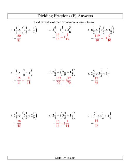 The Dividing and Simplifying Mixed Fractions with Three Terms (F) Math Worksheet Page 2