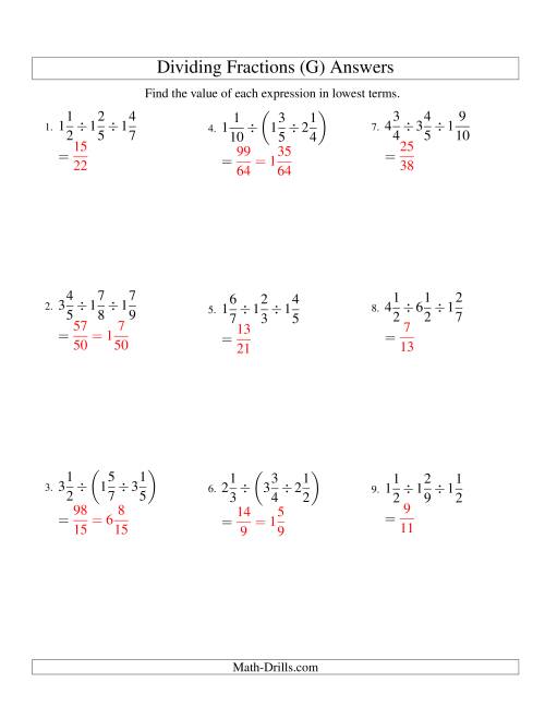 The Dividing and Simplifying Mixed Fractions with Three Terms (G) Math Worksheet Page 2