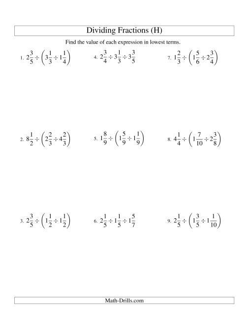 The Dividing and Simplifying Mixed Fractions with Three Terms (H) Math Worksheet