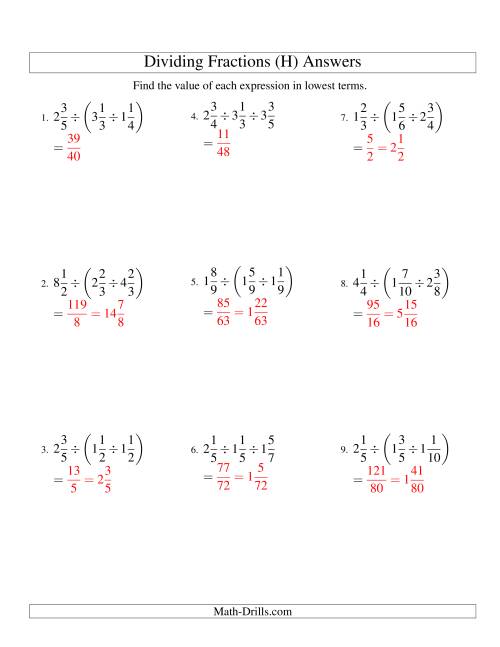 The Dividing and Simplifying Mixed Fractions with Three Terms (H) Math Worksheet Page 2