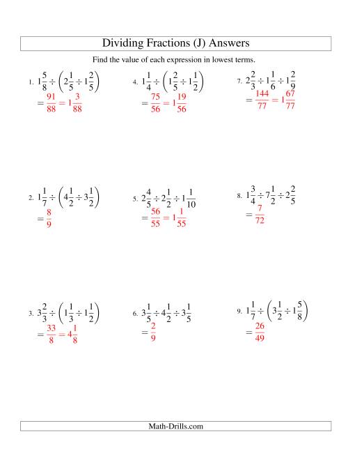 The Dividing and Simplifying Mixed Fractions with Three Terms (J) Math Worksheet Page 2